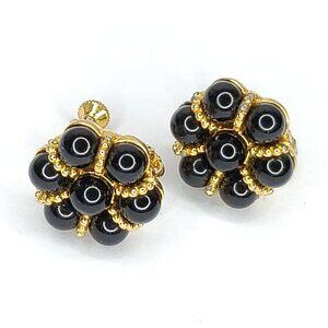 Vintage Napier Earrings Black Beads Gold Tone Spring Clip 3/4"